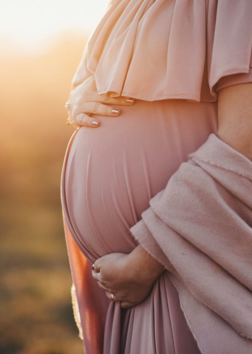pregnant woman in a dusty pink dress, sunset photoshoot